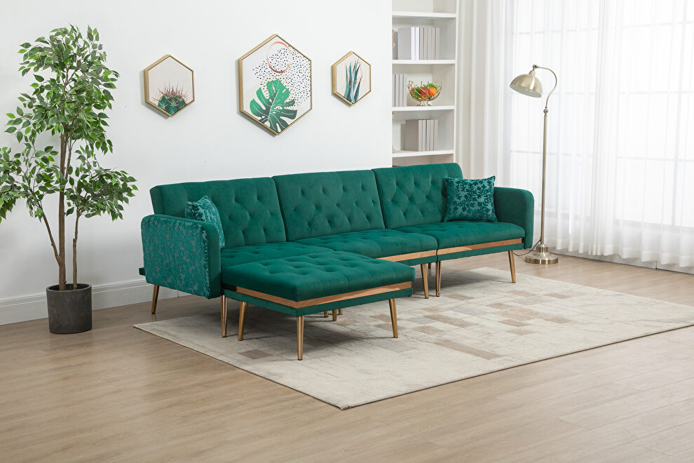 Green velvet accent sectional sofa with reversible chaise by La Spezia