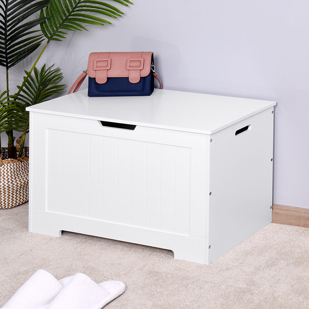 White lift top entryway storage cabinet with 2 safety hinge wooden toy box by La Spezia