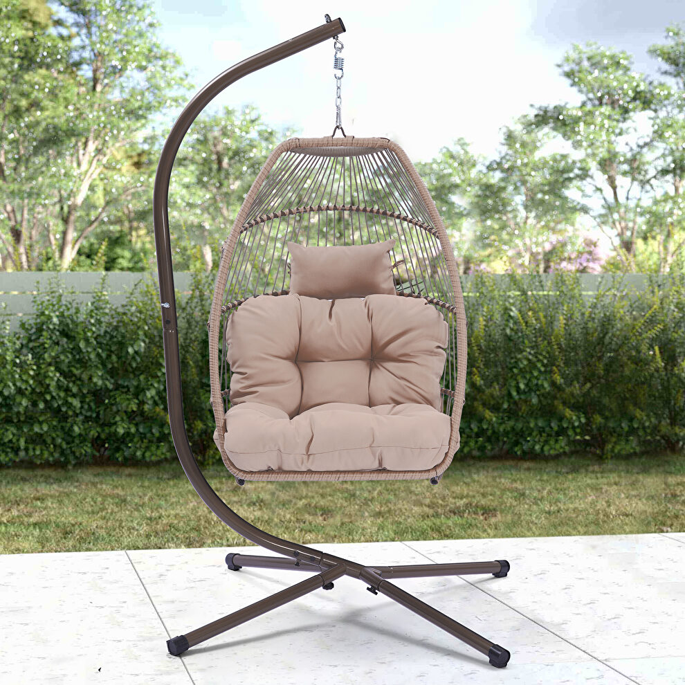 Outdoor patio wicker folding hanging chair rattan with khaki cushion and pillow by La Spezia