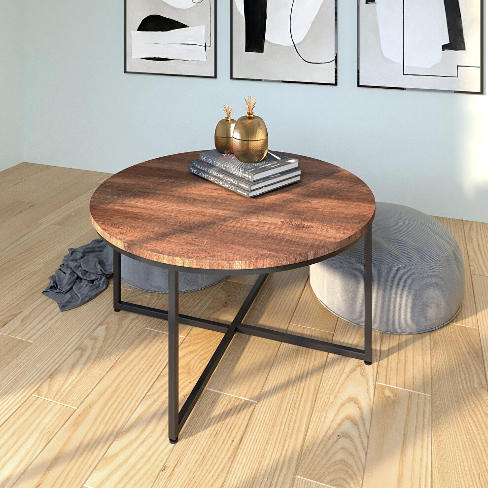 Natural wood finish modern round metal coffee table by La Spezia