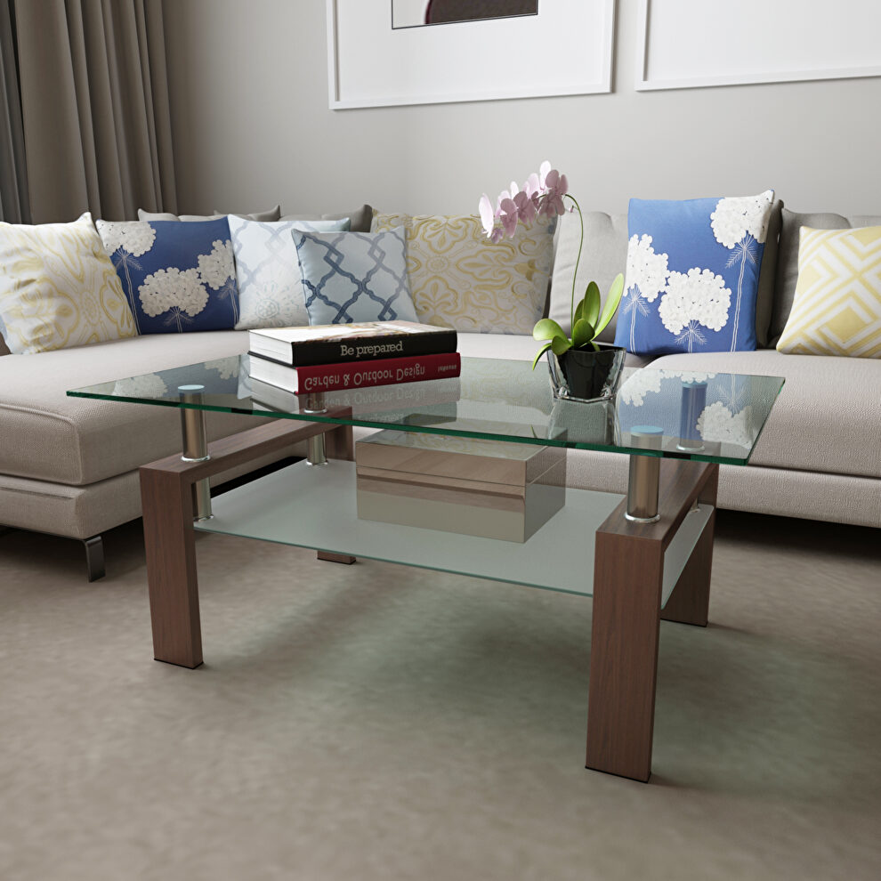 Glass top and walnut finish base rectangle coffee table by La Spezia