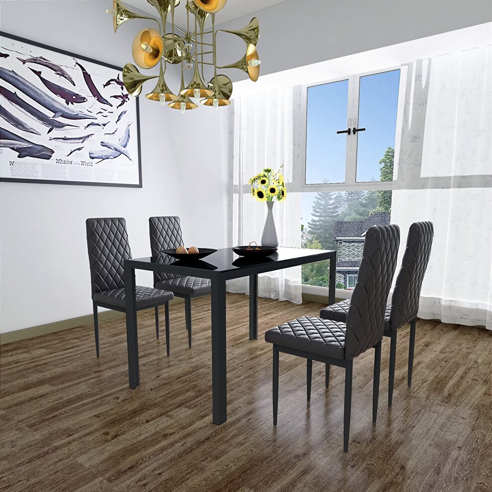 Black finish 5-pieces dining table set: tempered glass dining table and 4 faux leather chairs by La Spezia