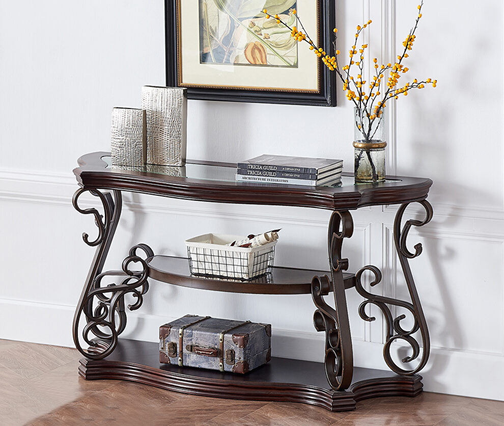 Brown sofa table with glass table top by La Spezia