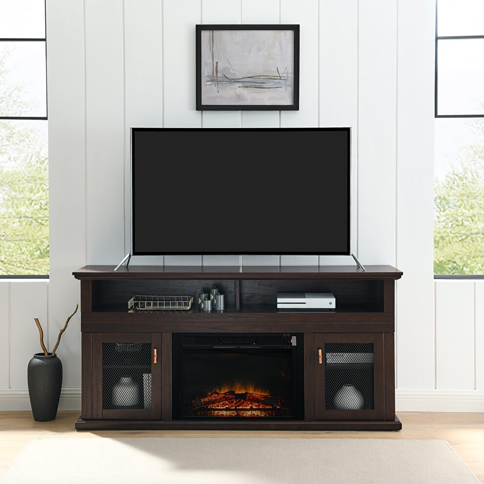Tv stand for TVs up to 65 with electric fireplace in dark brown by La Spezia