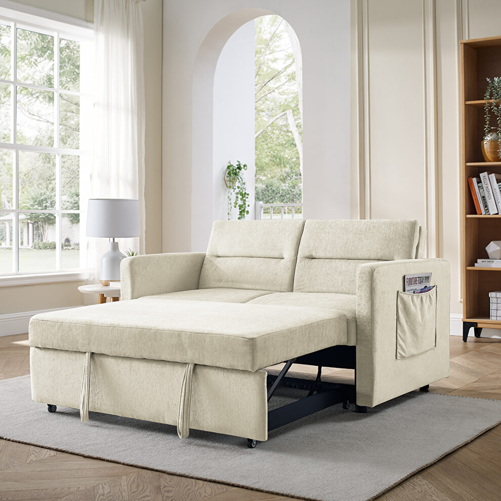 Beige velvet loveseats sofa bed with pullout bed by La Spezia
