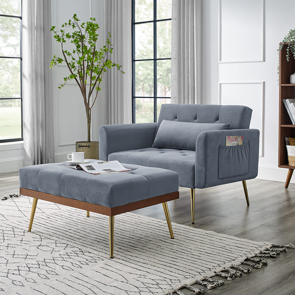 Gray velvet recline chair with ottoman and pillow by La Spezia