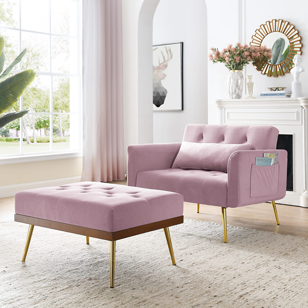 Pink velvet recline chair with ottoman and pillow by La Spezia
