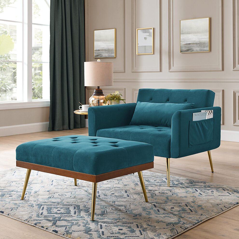 Teal blue velvet recline chair with ottoman and pillow by La Spezia
