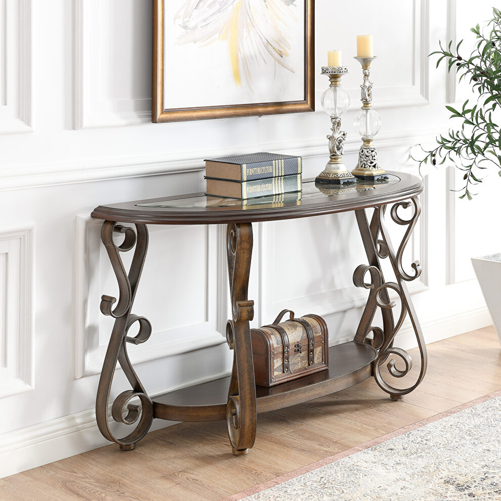 Console table with glass table top and powder coat finish metal legs in dark brown by La Spezia