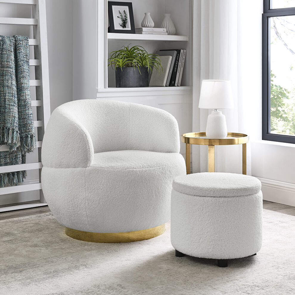 Ivory velvet and black stainless steel base swivel barrel chair with with storage ottoman by La Spezia