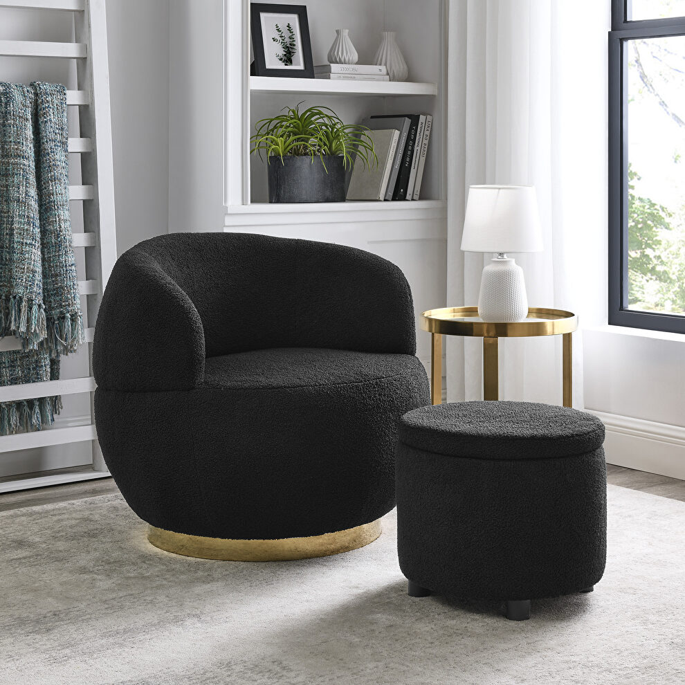 Black velvet and stainless steel base swivel barrel chair with with storage ottoman by La Spezia