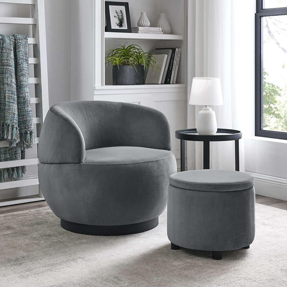 Velvet gray and black stainless steel base swivel barrel chair with with storage ottoman by La Spezia
