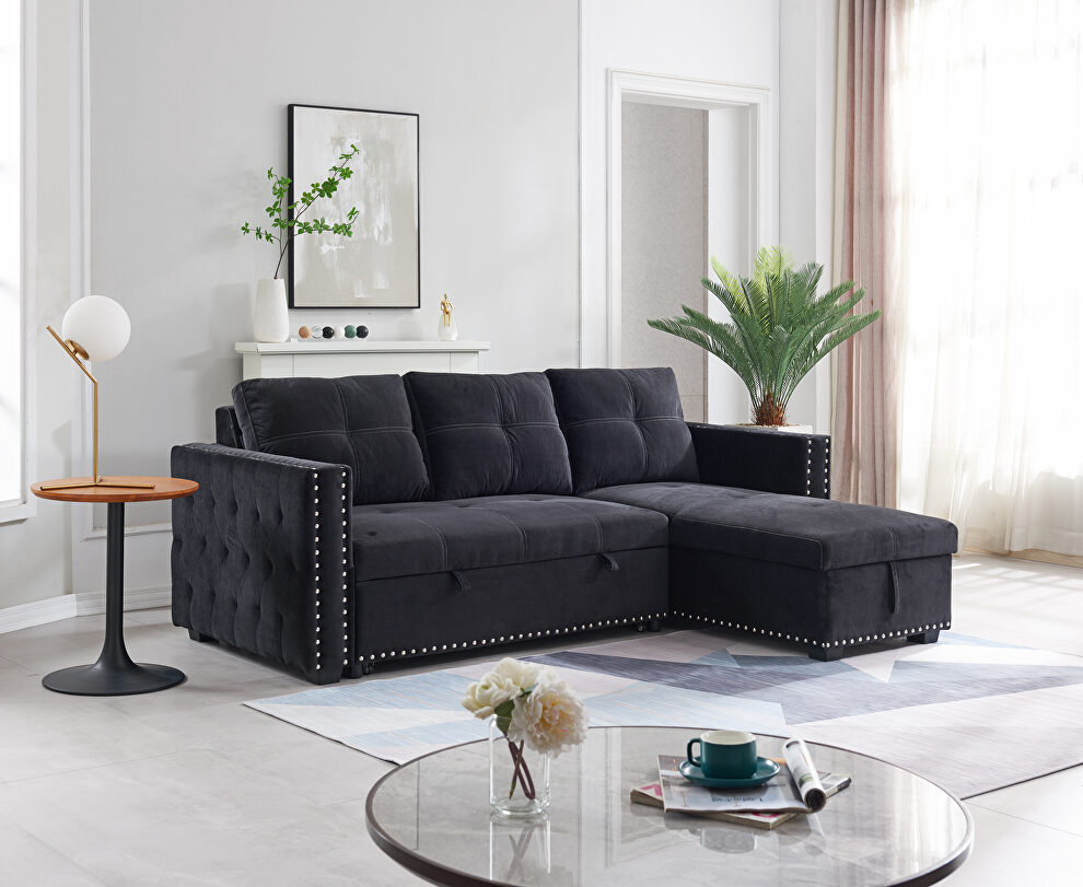 Black sectional sofa with pulled out bed, 2 seats sofa and reversible chaise with storage, both hands with copper nail by La Spezia