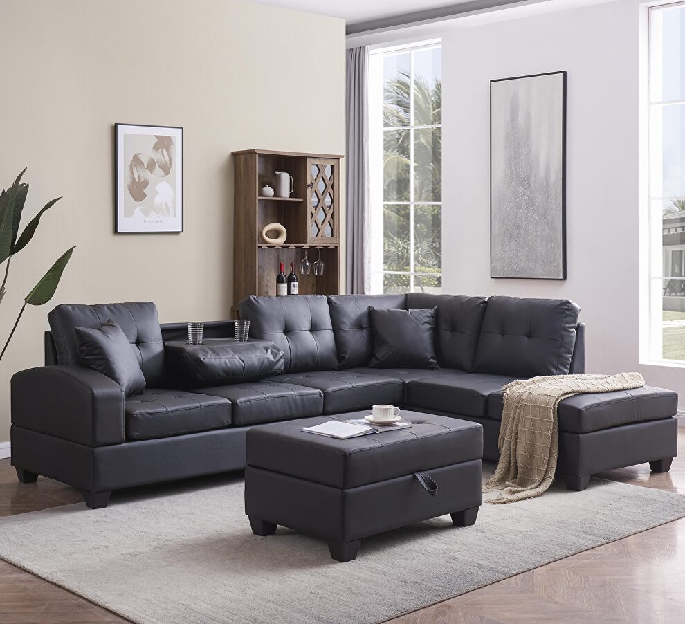 Black pu sectional 3-seaters sofa with reversible chaise by La Spezia