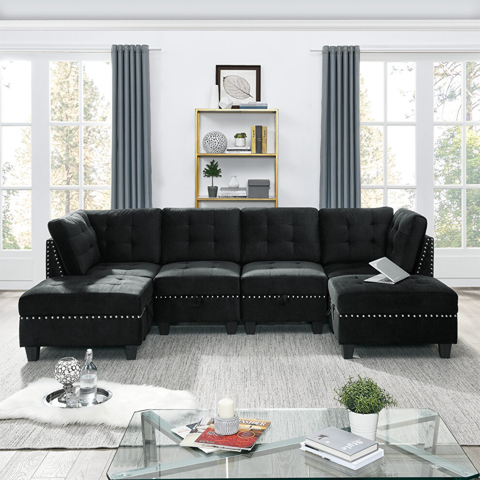 Black velvet u shape sectional sofa by La Spezia
