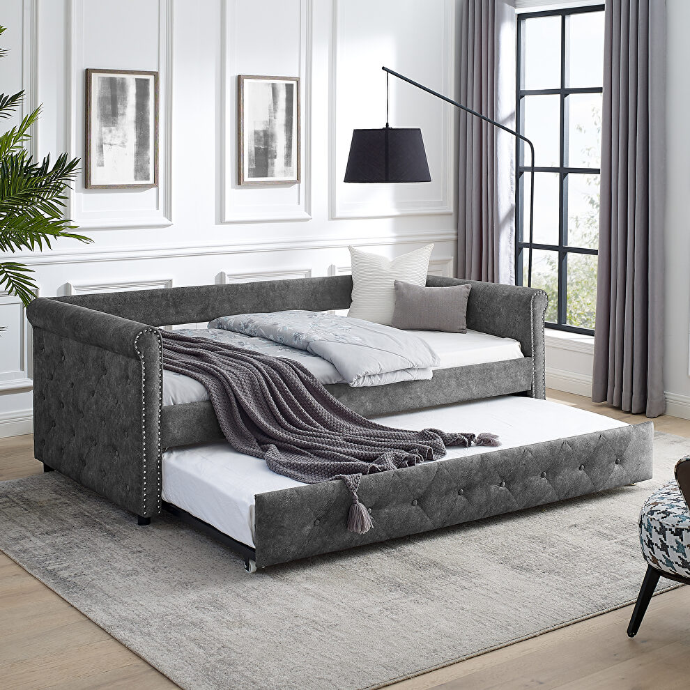 Gray suede fabric tufted twin daybed and twin trundle by La Spezia