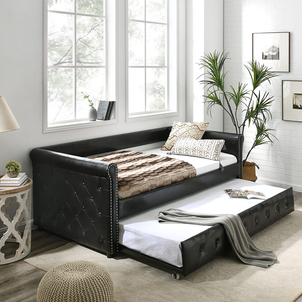 Black pu leather tufted twin daybed and twin trundle by La Spezia