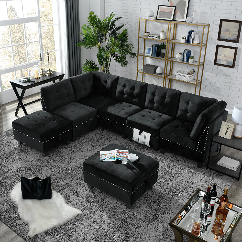 Black velvet l-shape modular style sectional sofa by La Spezia