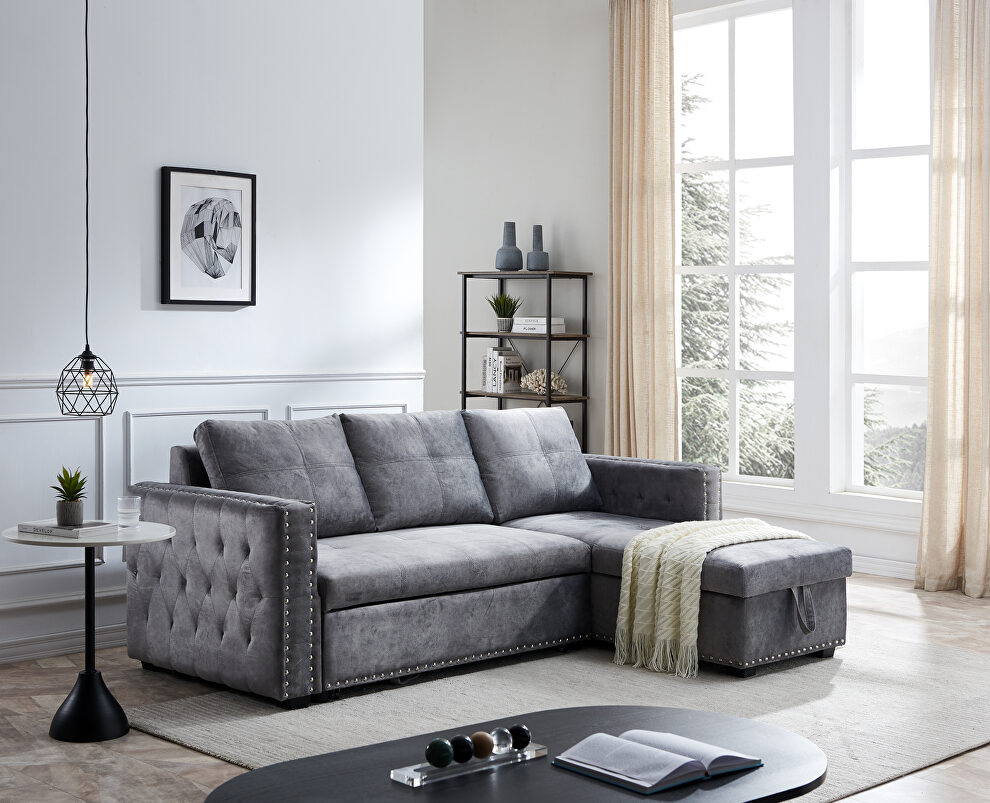 Gray velvet sectional sofa with pulled out bed by La Spezia