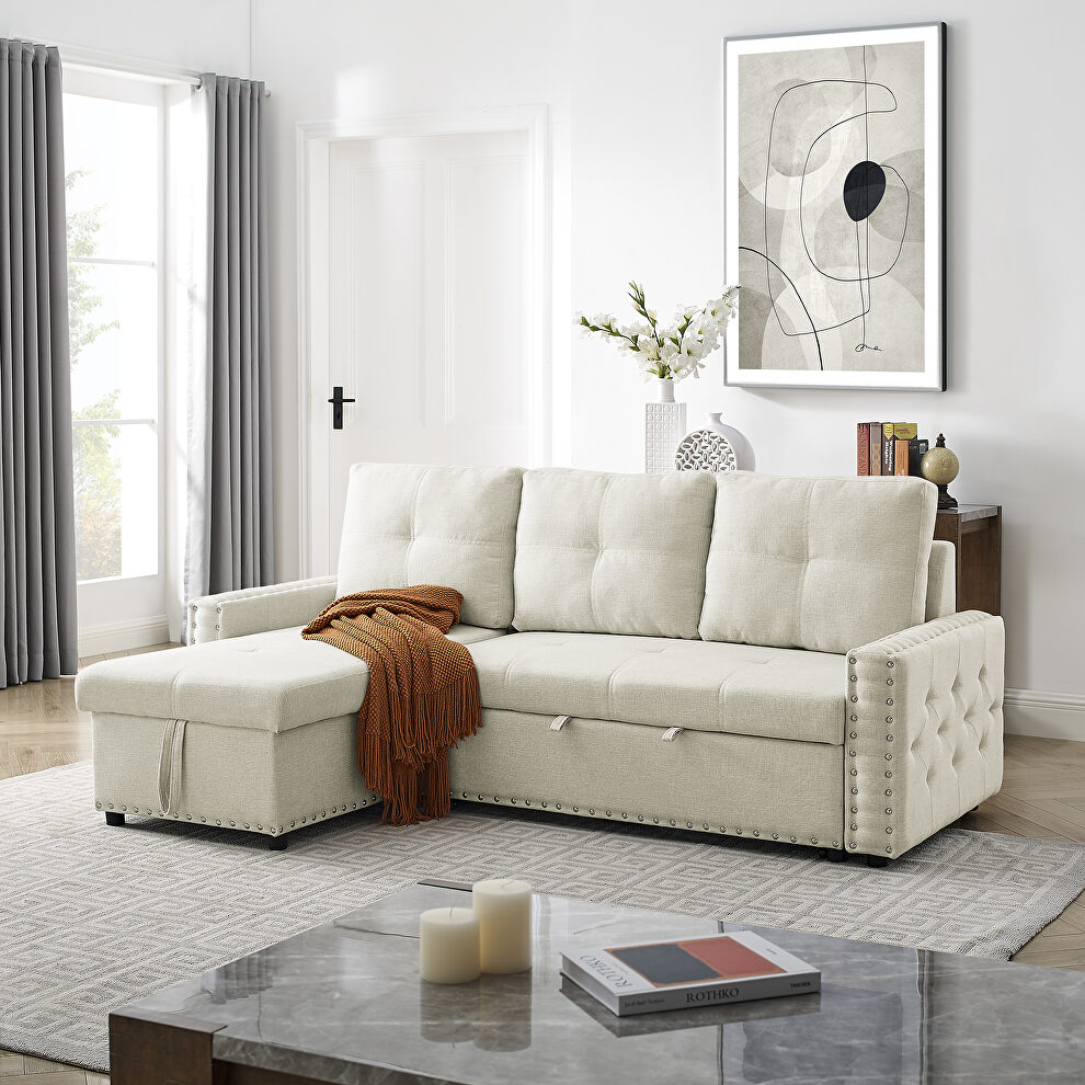 Beige fabric sectional sofa with pulled out bed and reversible chaise by La Spezia