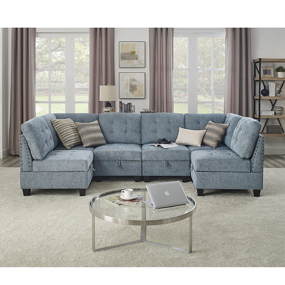 Navy chenille u-shape modular sectional sofa includes four single chair and two corner by La Spezia