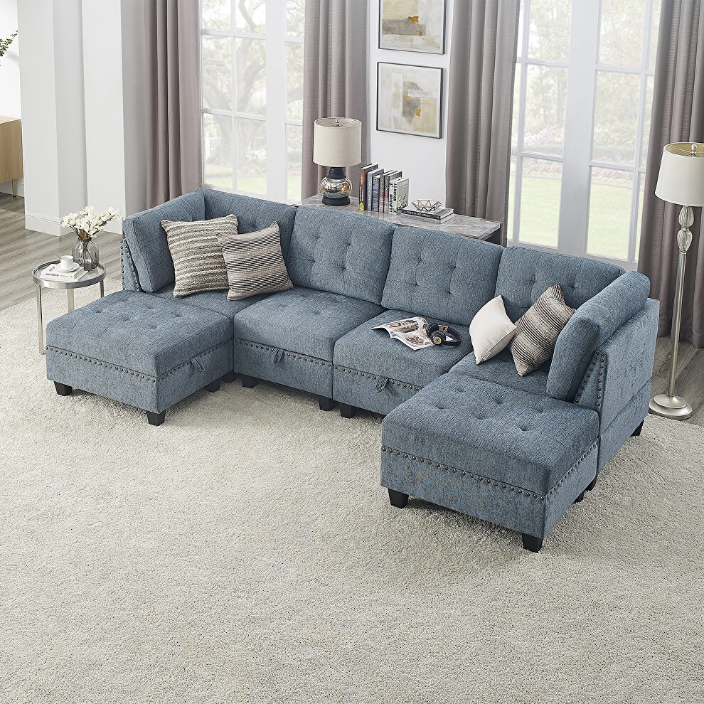 Navy chenille u-shape modular sectional sofa includes two single chair, two corner and two ottoman by La Spezia