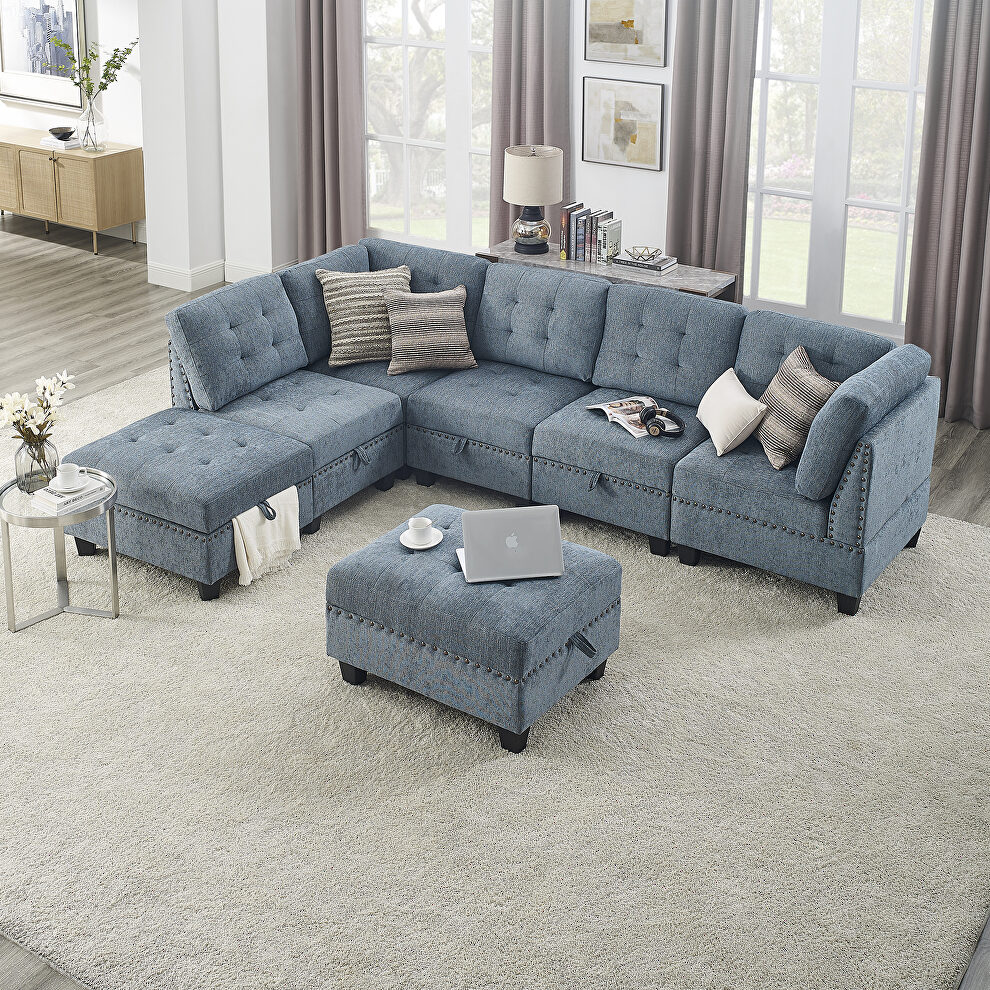 Navy blue chenille l-shape modular sectional sofa includes three single chair, two corner and two ottoman by La Spezia