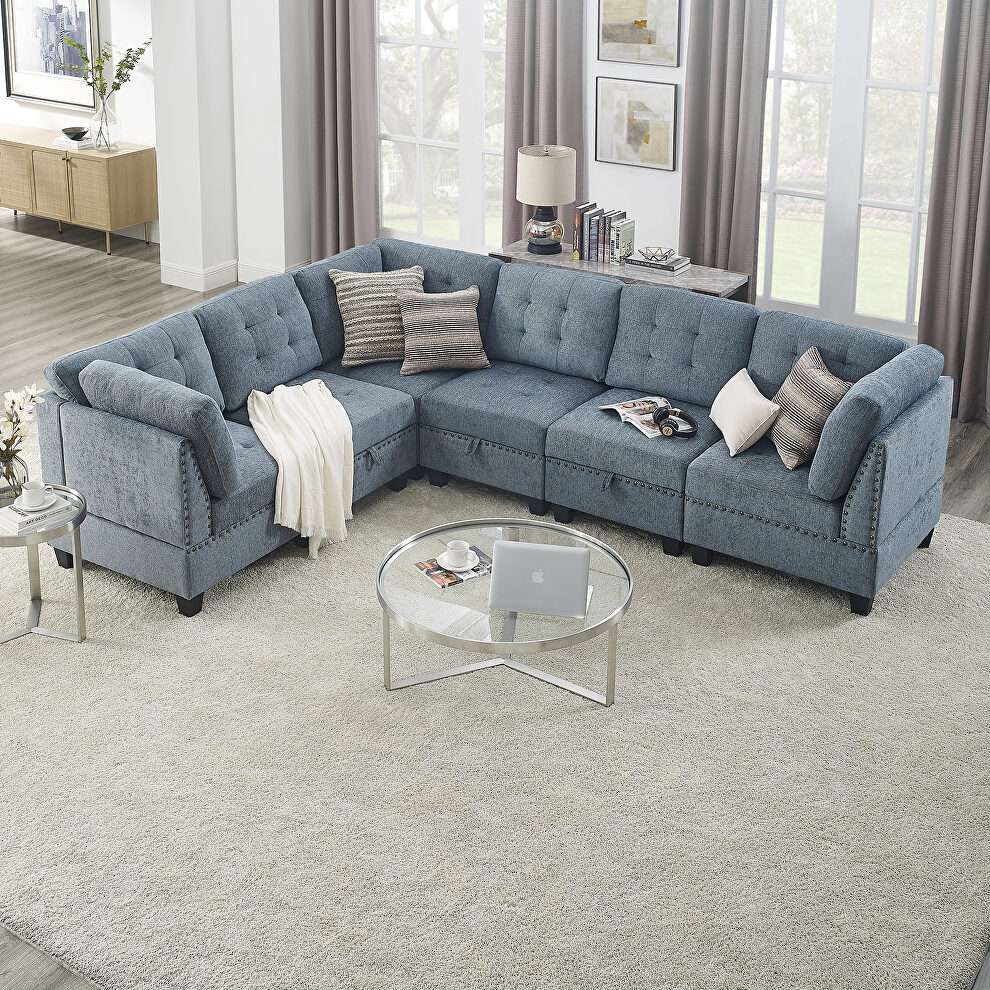 Navy chenille l-shape modular sectional sofa includes three single chair and three corner by La Spezia