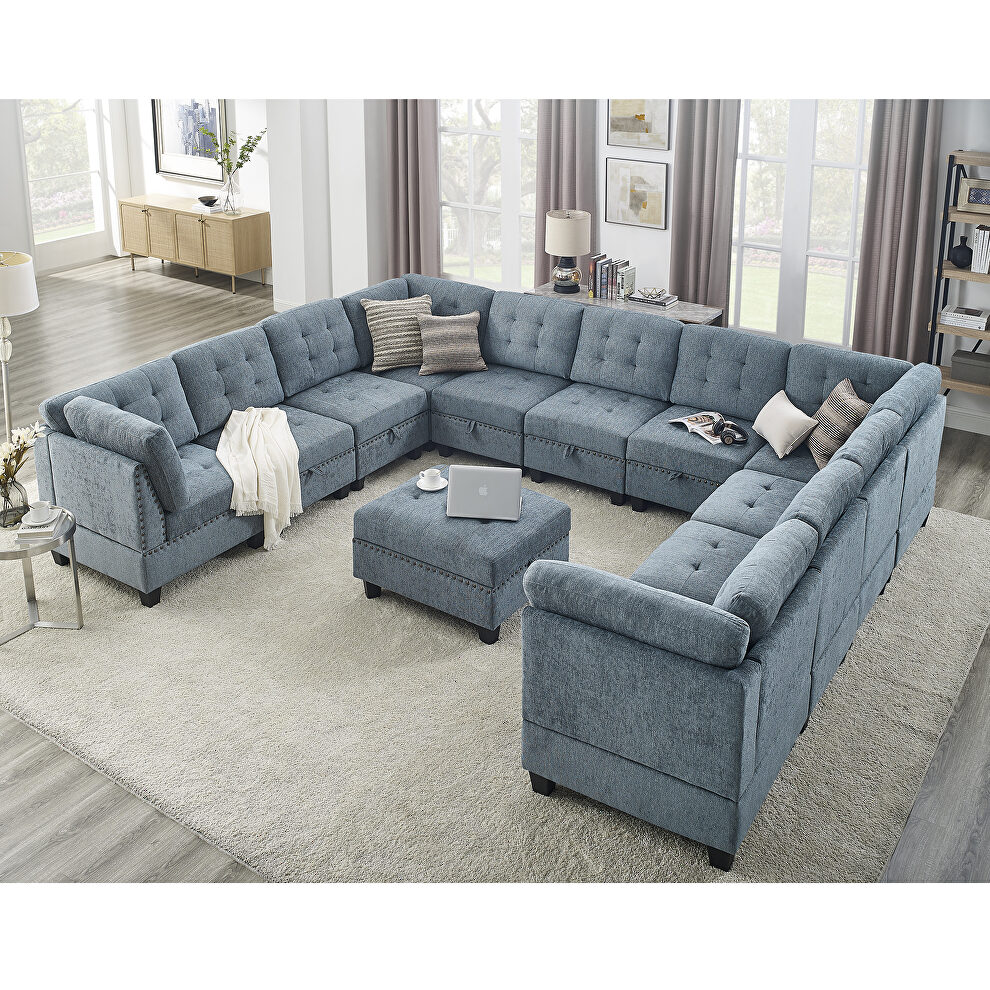 Navy blue soft chenille u-shape modular sectional sofa includes seven single chair, four corner and ottoman by La Spezia