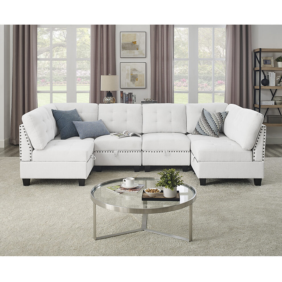 Ivory chenille u-shape modular sectional sofa includes four single chair and two corner by La Spezia
