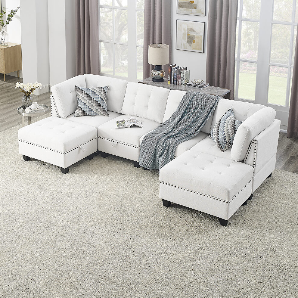 Ivory chenille u-shape modular sectional sofa includes two single chair, two corner and two ottoman by La Spezia