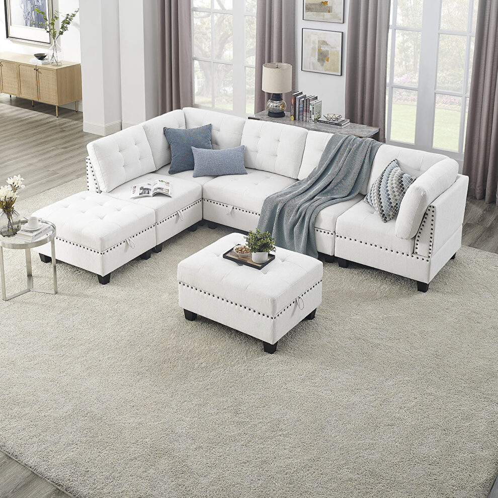Ivory chenille l-shape modular sectional sofa includes three single chair, two corner and two ottoman by La Spezia