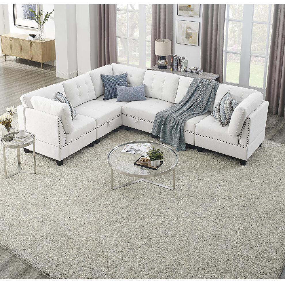 Ivory chenille l-shape modular sectional sofa combination includes three single chair and three corner by La Spezia