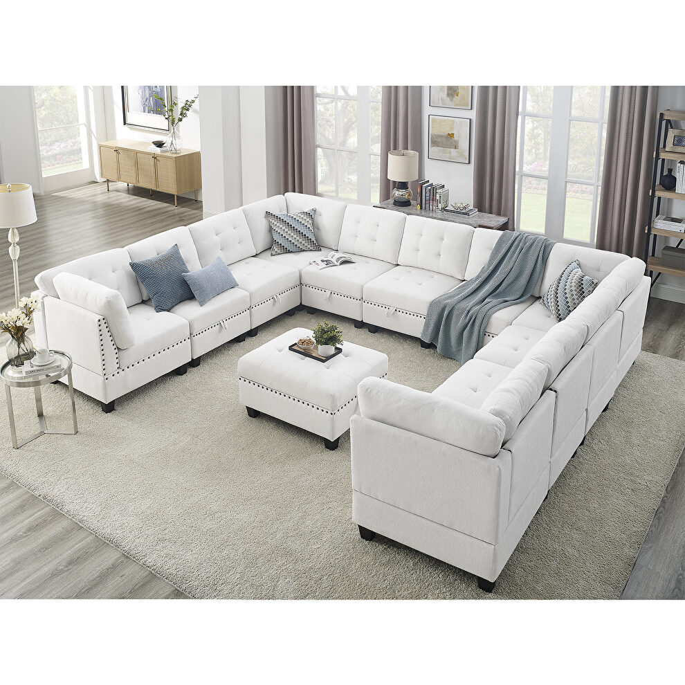 Ivory chenille u-shape modular sectional sofa includes seven single chair, four corner and one ottoman by La Spezia