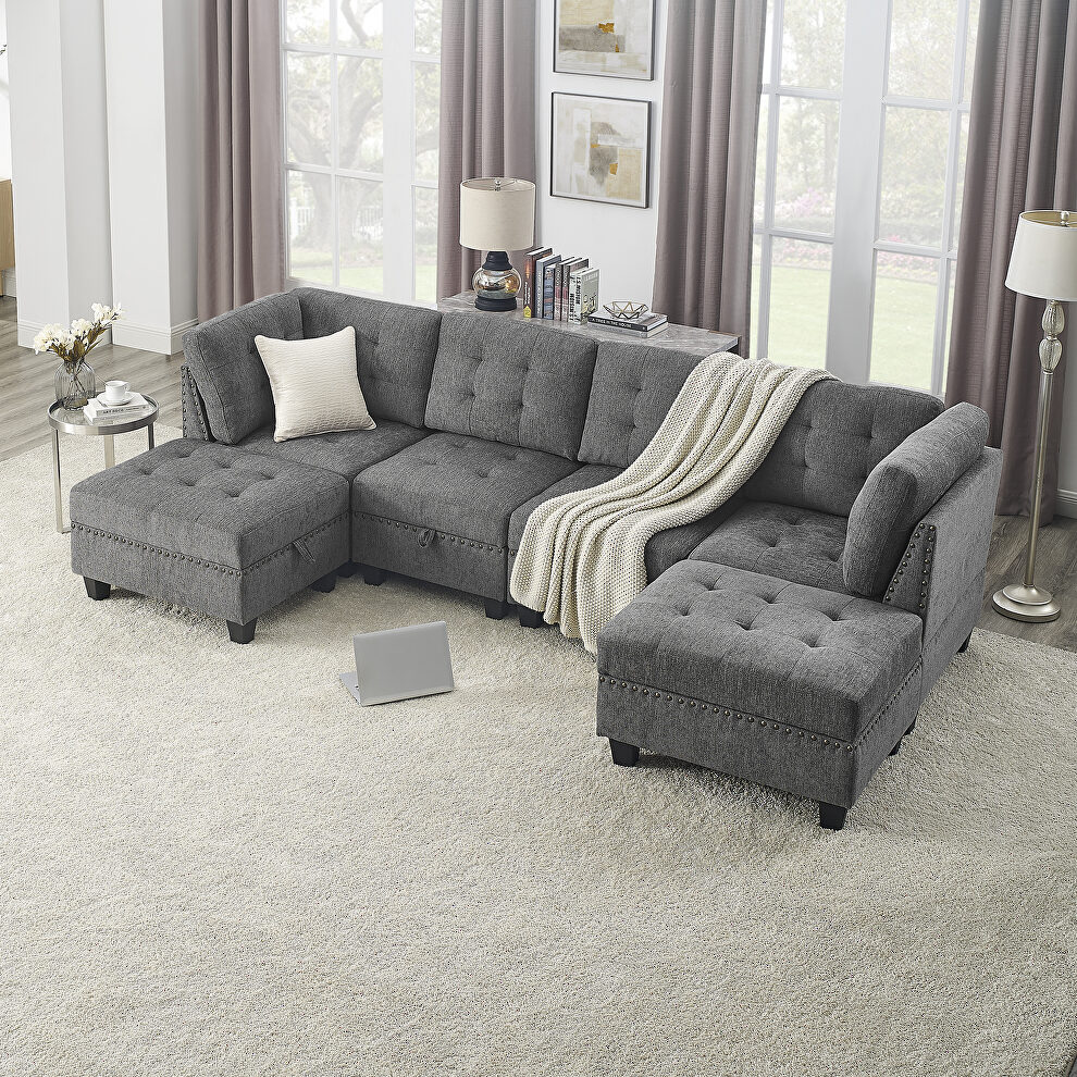 Gray chenille u-shape modular sectional sofa includes two single chair, two corner and two ottoman by La Spezia
