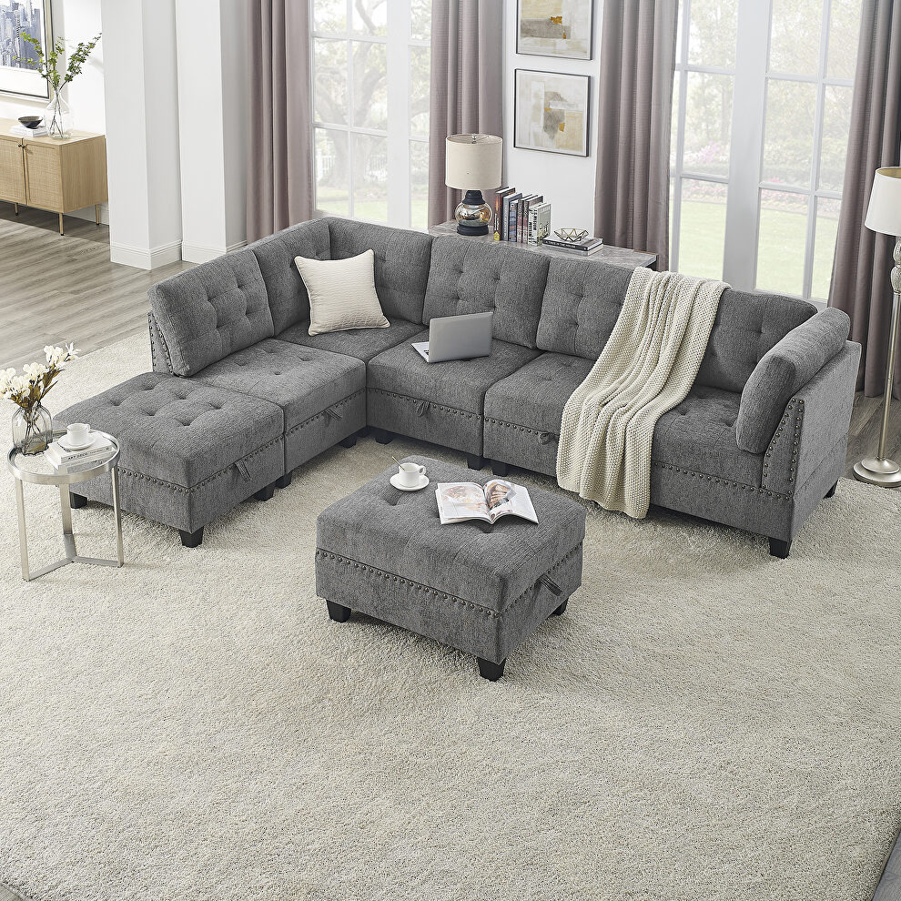 Gray chenille l-shape modular sectional sofa includes three single chair, two corner and two ottoman by La Spezia