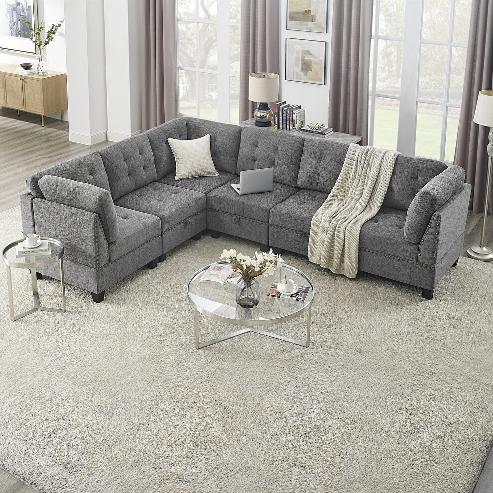 Gray chenille l-shape modular sectional sofa includes three single chair and three corner by La Spezia