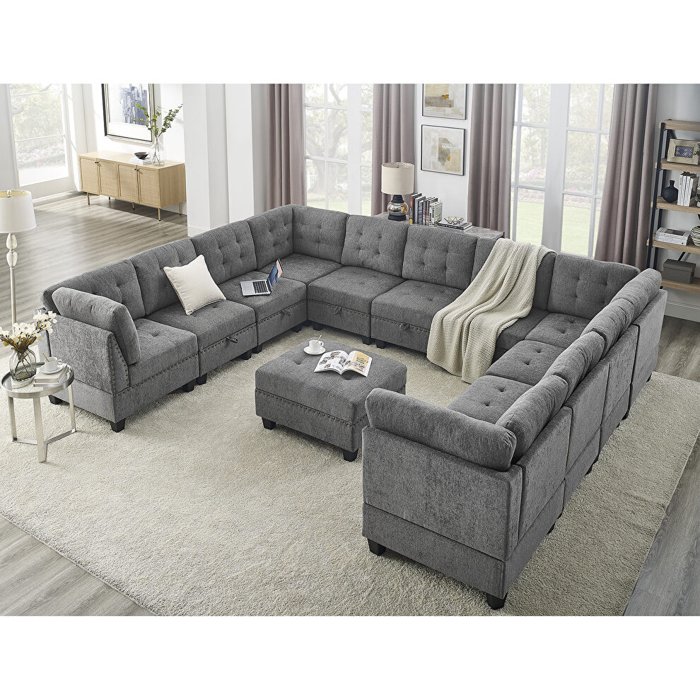 Gray chenille u-shape modular sectional sofa includes seven single chair, four corner and one ottoman by La Spezia