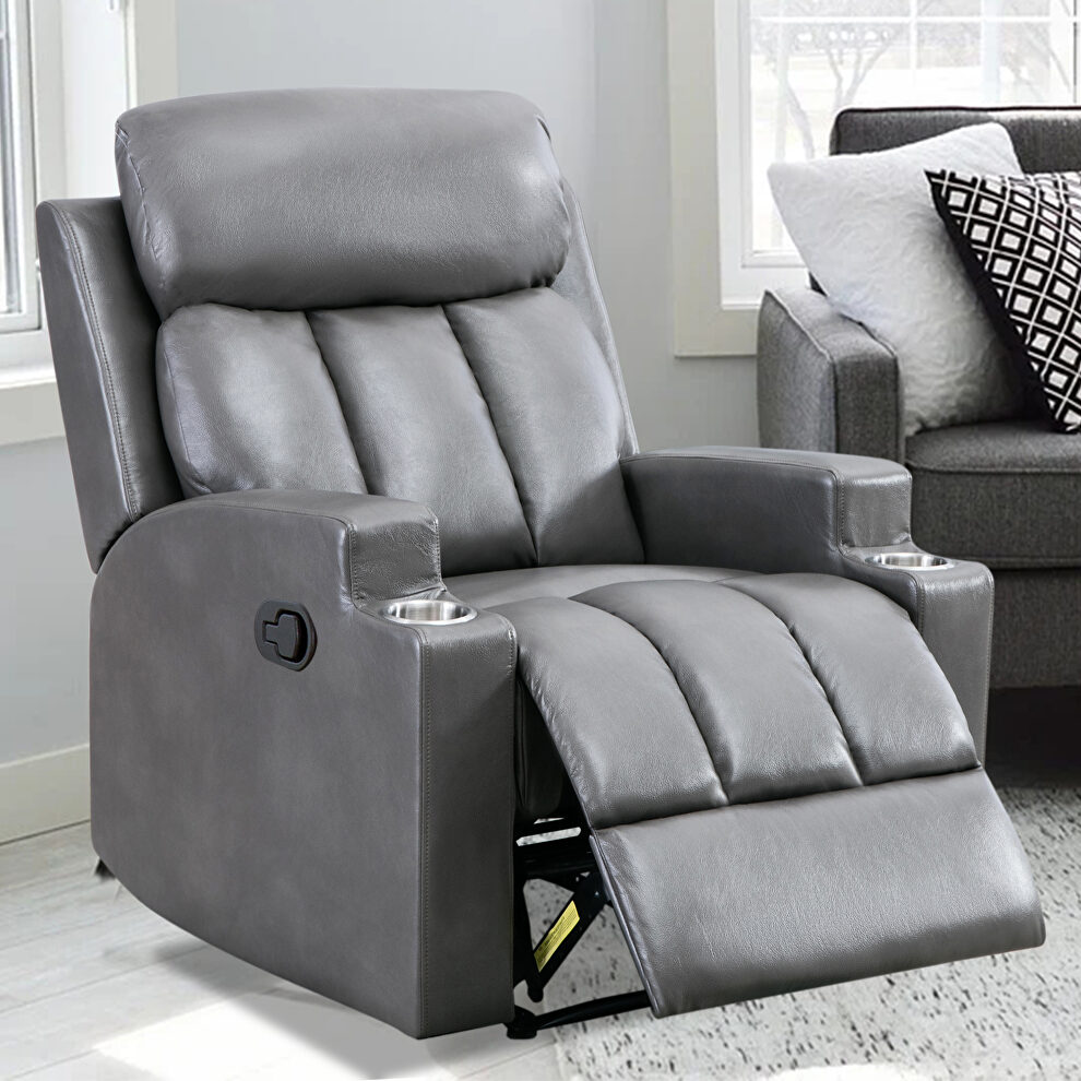 Gray breathable pu leather recliner chair with 2 cup holders by La Spezia