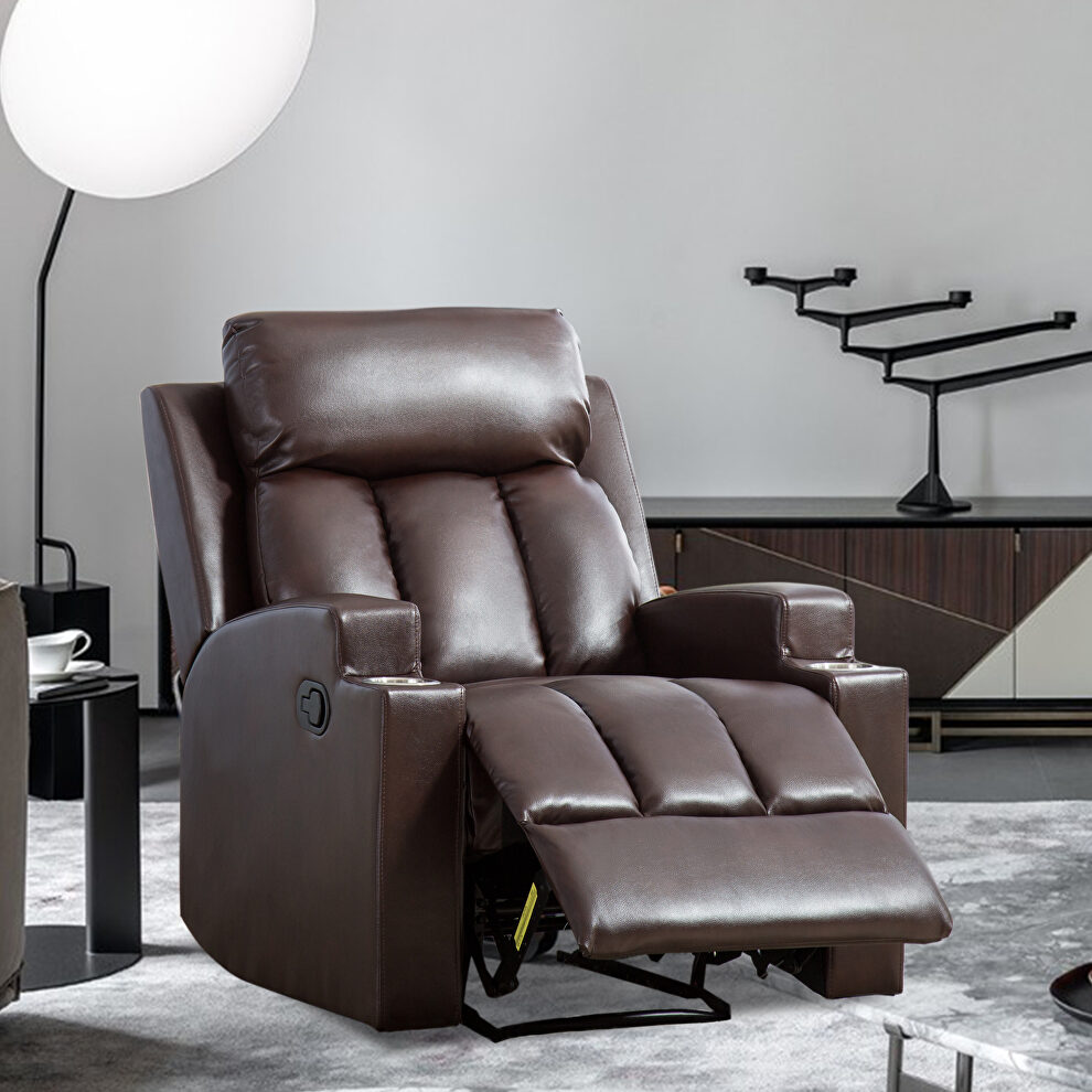 Brown breathable pu leather recliner chair with 2 cup holders by La Spezia
