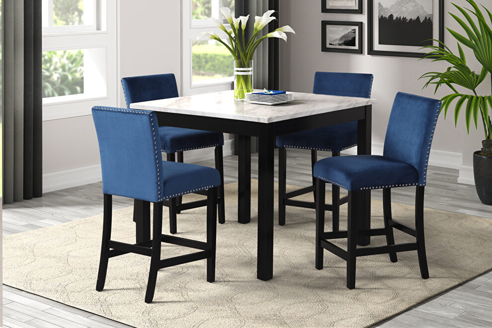 5-piece counter height dining table set with faux marble dining table and 4 upholstered-seat chairs in blue by La Spezia