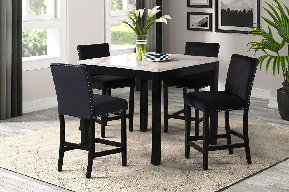 5-piece counter height dining table set with faux marble dining table and 4 upholstered-seat chairs in black by La Spezia
