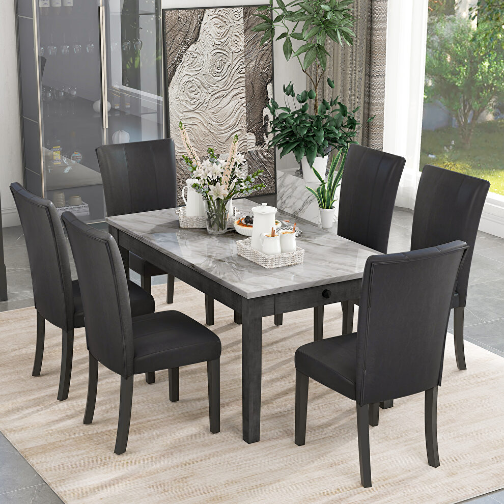 7-piece dining table with 2 drawers table and 6 pu-leather chairs by La Spezia