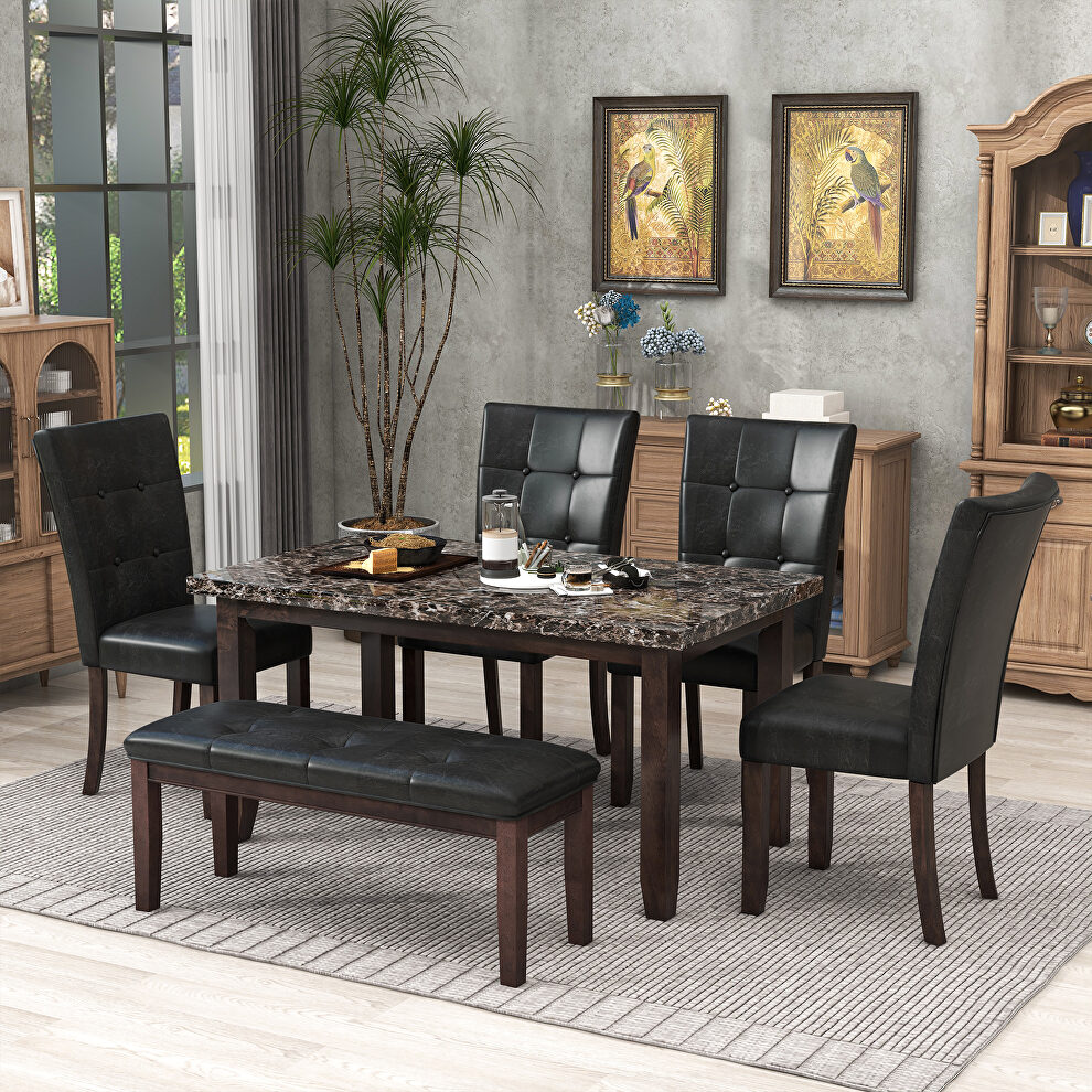 6-piece faux marble dining table set with faux marble dining table, 4 chairs and  bench in black by La Spezia