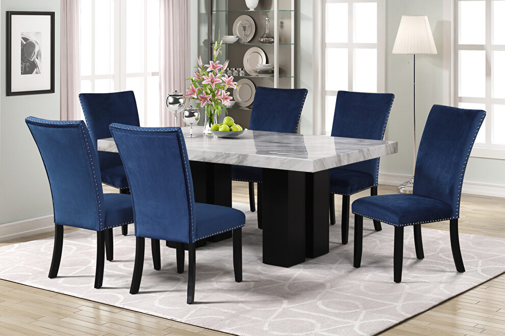 7-piece dining table set: faux marble dining rectangular table and 6 blue chairs by La Spezia