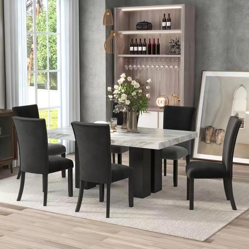 7-piece dining table set: faux marble dining rectangular table and 6 black chairs by La Spezia