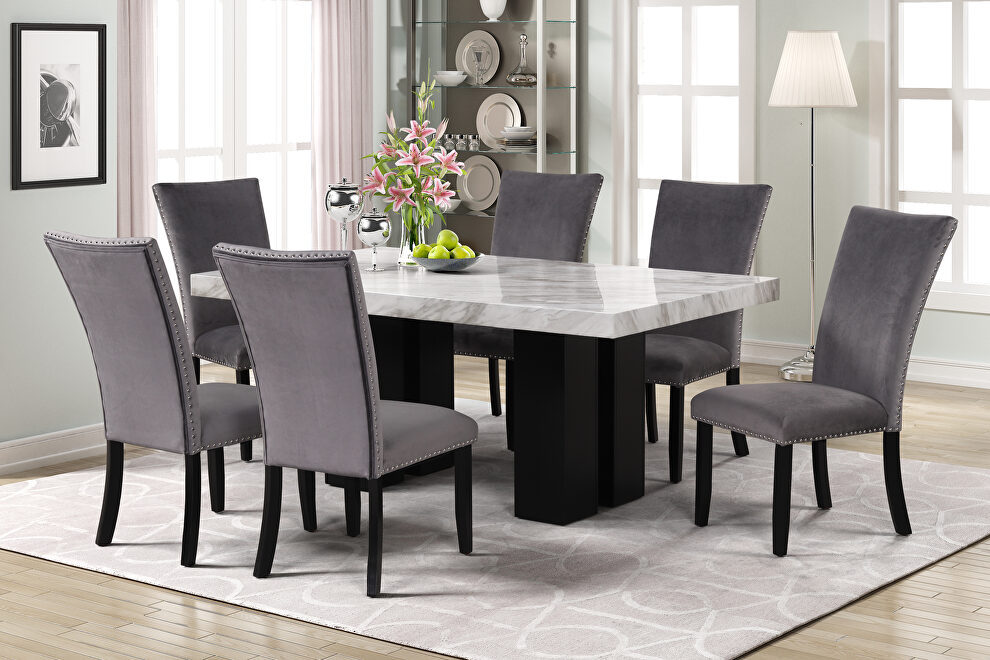 7-piece dining table set: faux marble dining rectangular table and 6 gray chairs by La Spezia