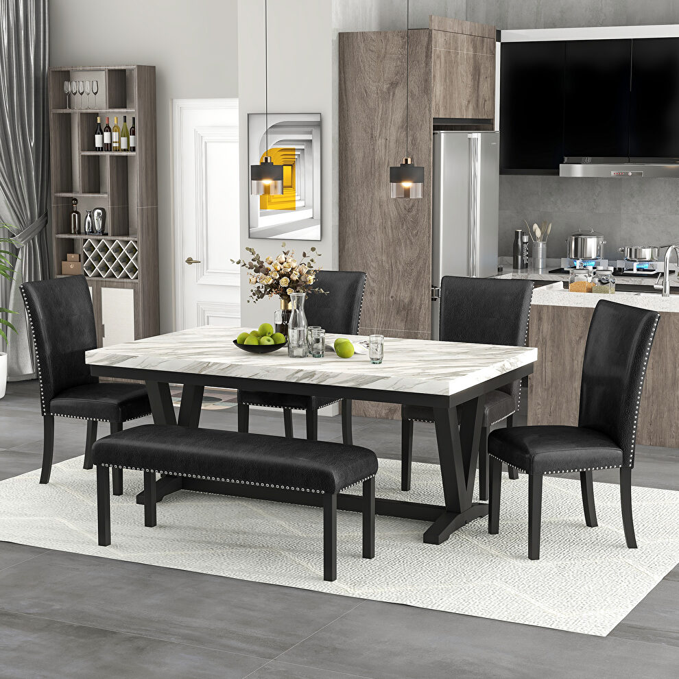 6-piece dining table set: faux marble top table, 4 upholstered seats and bench by La Spezia