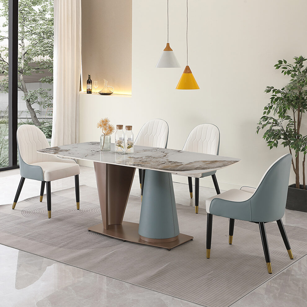 Champagne and blue finish sintered stone dining table with cone shape pedestal base by La Spezia