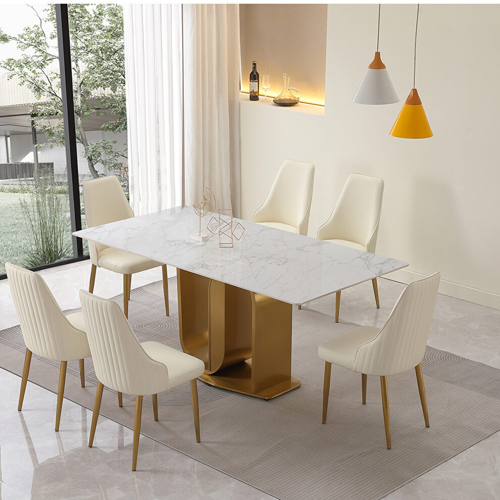 71 sintered stone top dining table u-shape pedestal base in gold finish with 6 pcs chairs by La Spezia